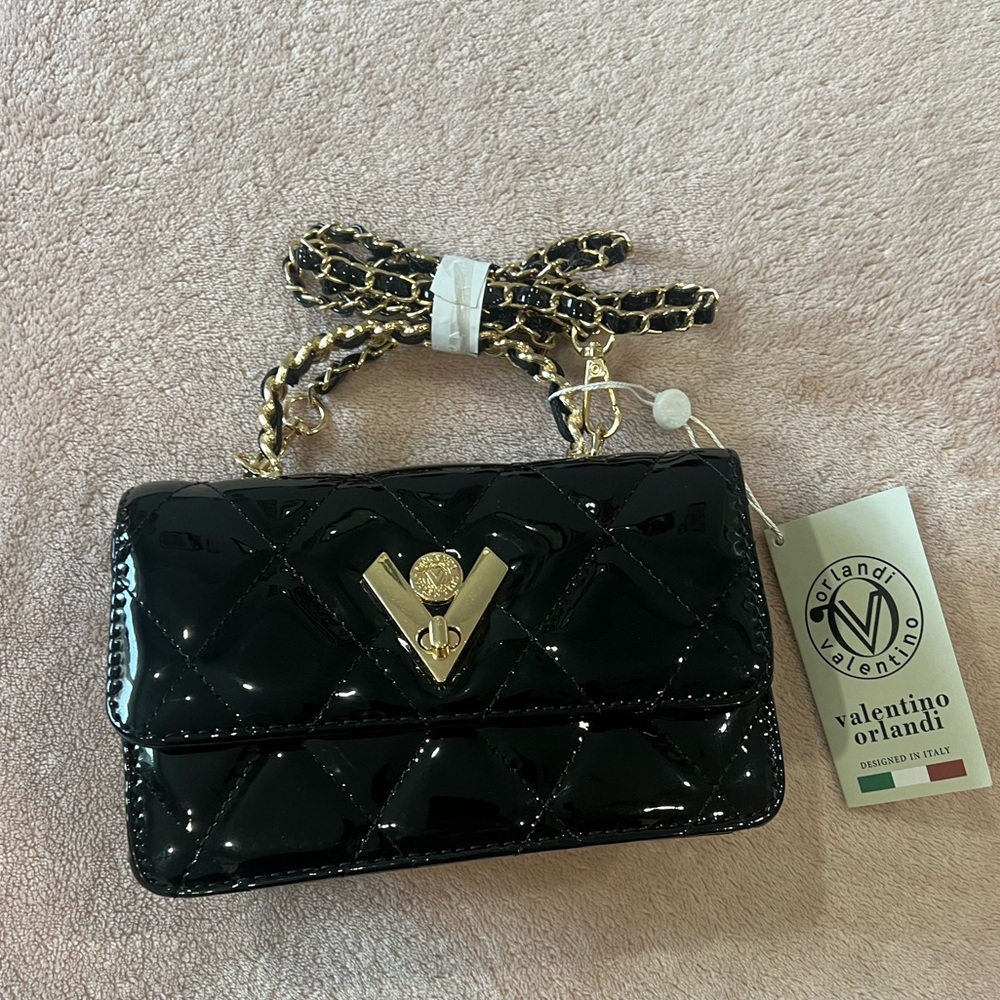 Valentino Orlandi Black Patent Mini Bag with Gold Accents